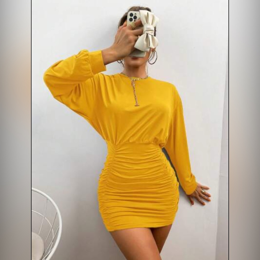 SHEIN Yellow Long Sleeve Ruched Dress
